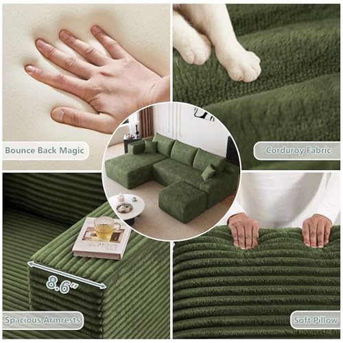 Image of 95 inch Modular Sectional Sofa with Ottoman, Modern Corduroy Cloud Couch with Deep Seat, Boneless Couch Upholstered 3-Seater U-Shaped Sofa for Living Room, No Assembly (Green,Left-Facing Chaise)