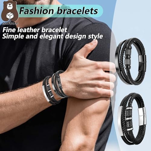 TREABEAR 2PCS Pulsera Hombre Blanco y Negro, Regalo Pareja Pulseras 23cm Pulseras de Cuero Hombre, Accesorios hombre pulseras - imagen 3