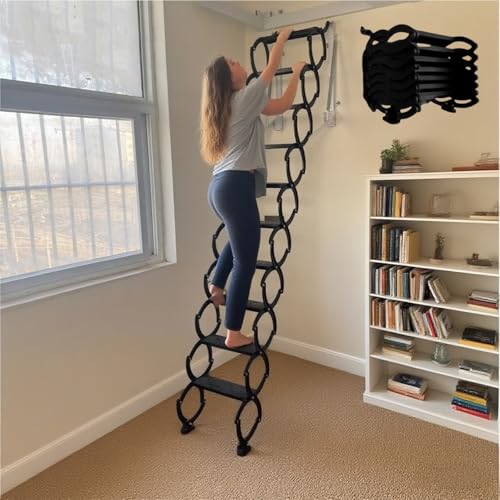 Escalier escamotable Mural, échelle de Grenier escamotable en Acier, échelle télescopique avec système d'abaissement et pédales élargies,pour entrepôts, garages et toits(Black,5 Steps 130CM/)