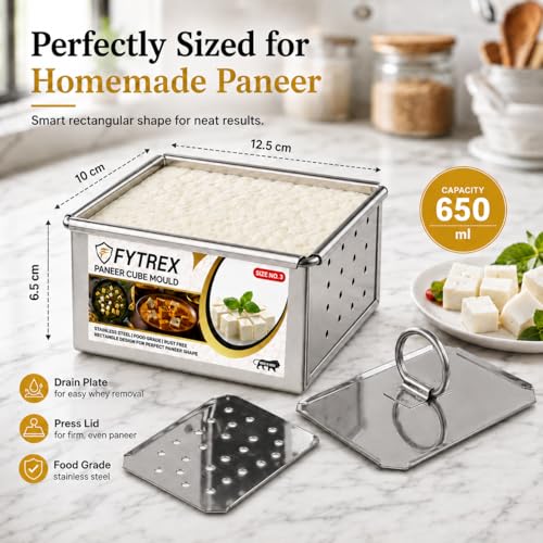 Image of Paneer Maker Steel 650 ML Large Size (12.5 x 10 x 6.5 cm) | Healthy Homemade Paneer & Tofu Press Mould | Premium Stainless Steel Paneer Maker with Lid | Rust-Free, Durable & Easy to Clean