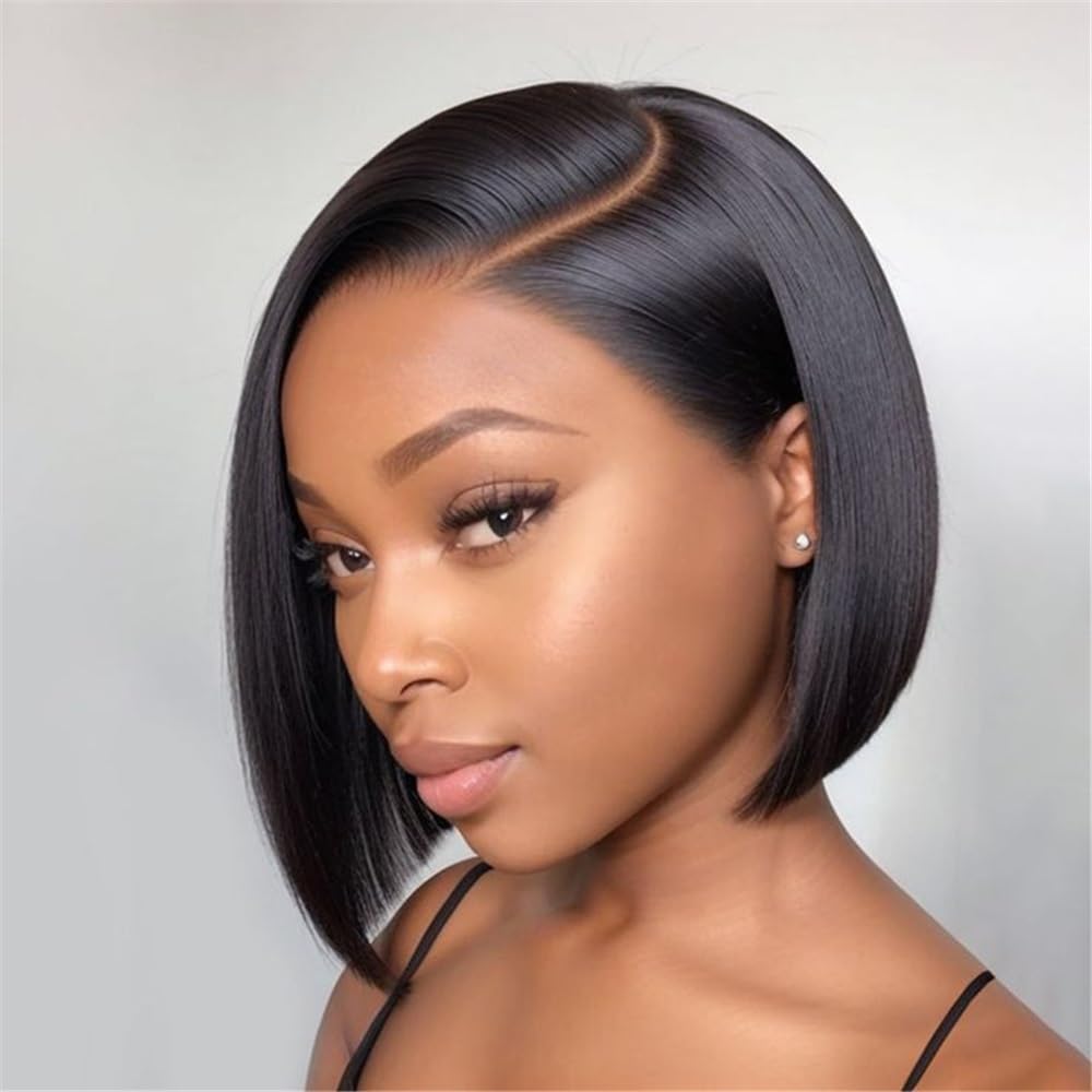 Haaraufsätze Pelucas de Cabello Humano con Corte Bob, Corto, Liso y Raya al Lado, Pelucas Encaje , Indio(12inches)