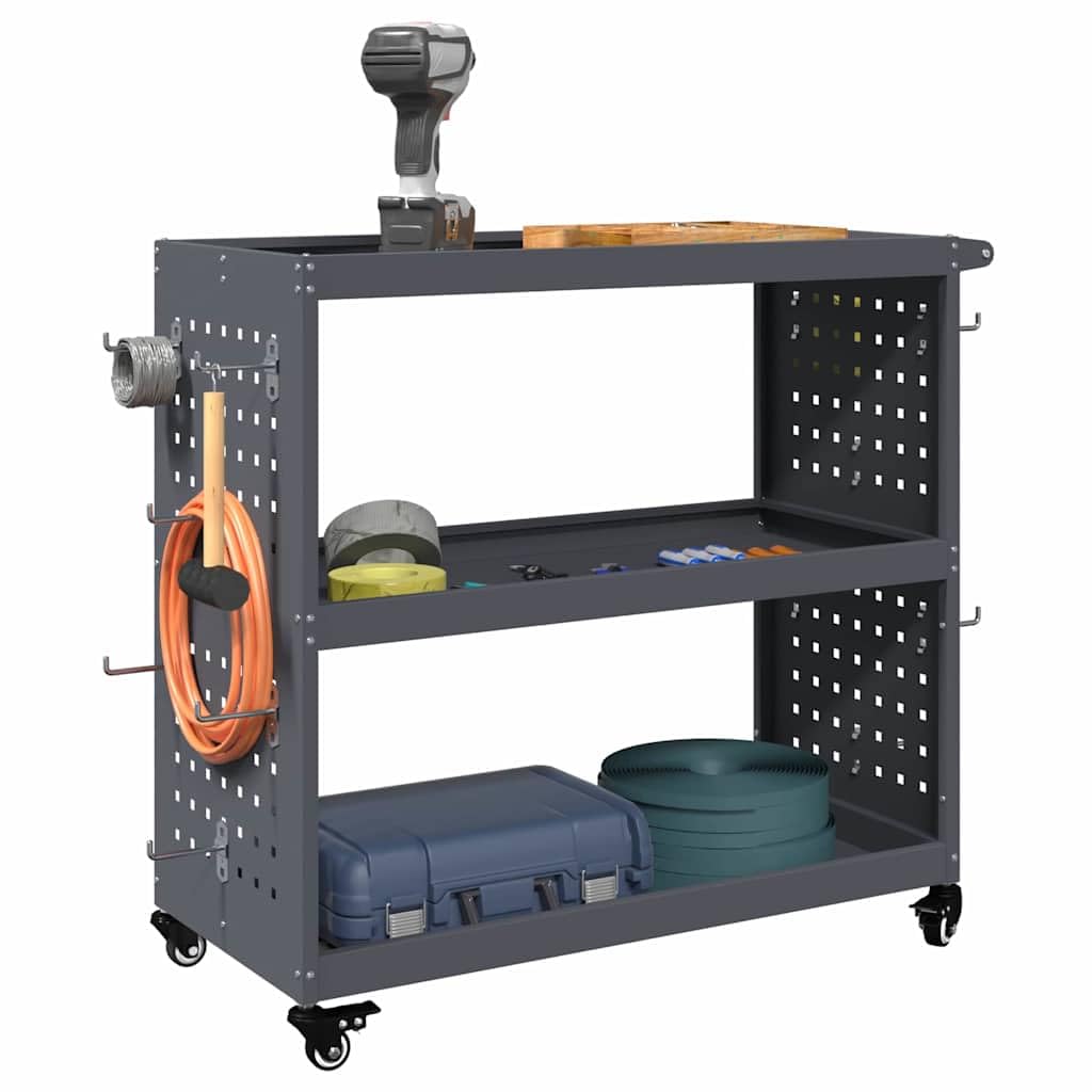 Carrello portautensili antracite in acciaio laminato a freddo, 75 x 35 x 73 cm, con 3 ripiani e 12 ganci, ruote bloccabili per officina e garage