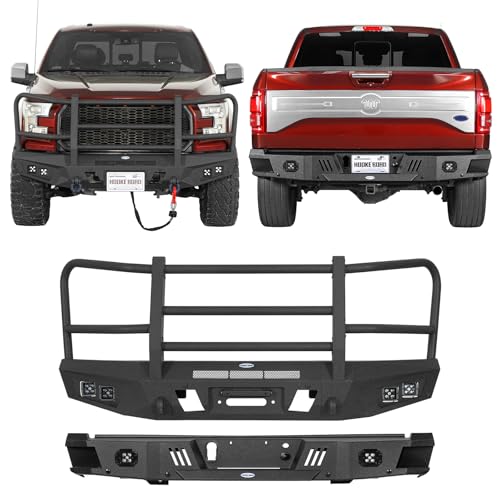 Hooke Road 15-17 F150 Front and Rear Bumper Set w/Grille Guard Protector for 2015 2016 2017 Ford F-150(Exclude Raptor), Offroad Steel Bumper Brush Push Bar with Winch Plate, LED Lights