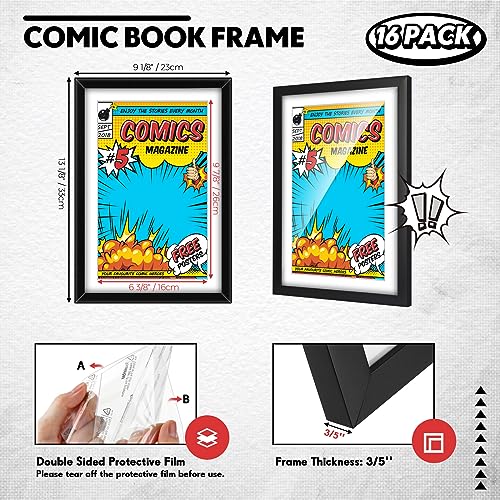 Image of Geetery 16 Pack Comic Book Frame UV Protection Magazine Picture Display Wall Mount Book Fit Current up to 6 3 /4 inch x 10 1 /4 inch Wall or Tabletop Display with Spring Clip Installed Hanger(Black (white Mat))
