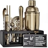Brushed Brass Mixology Kit - 15 Piece Bar Tool Set, Silver Bar Set Cocktail Shaker Set for Drink Mixing - Includes Martini Shaker, Jigger, Strainer, Bar Mixer Spoon, Tongs, Opener | Gift Idea