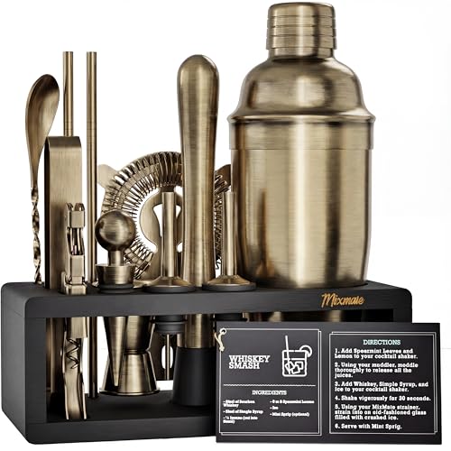 Image of Brushed Brass Mixology Kit - 15 Piece Bar Tool Set, Silver Bar Set Cocktail Shaker Set for Drink Mixing - Includes Martini Shaker, Jigger, Strainer, Bar Mixer Spoon, Tongs, Opener | Gift Idea