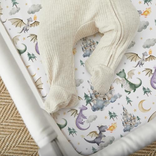 Image of Baby Boy Girl Standard Crib Sheet Covers Dragon Tale Castle, Watercolor Green Moon Cloud Star Tree Snug Fitted Toddler Mattress Sheet, Soft Stretchy Breathable Kid Nursery Bed Decor Gift 52x28