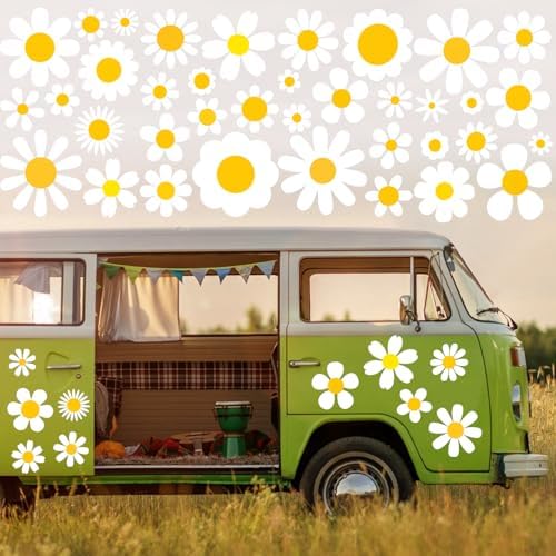 81 PCS Autoaufkleber,Blume Auto Aufkleber,Blumen Gänseblümchen Dekorationen Zubehör Car Sticker Deko Vinyl Wandaufkleber Fenster Aufkleber für Geländewagen Wohnmobil Karosserie Sei