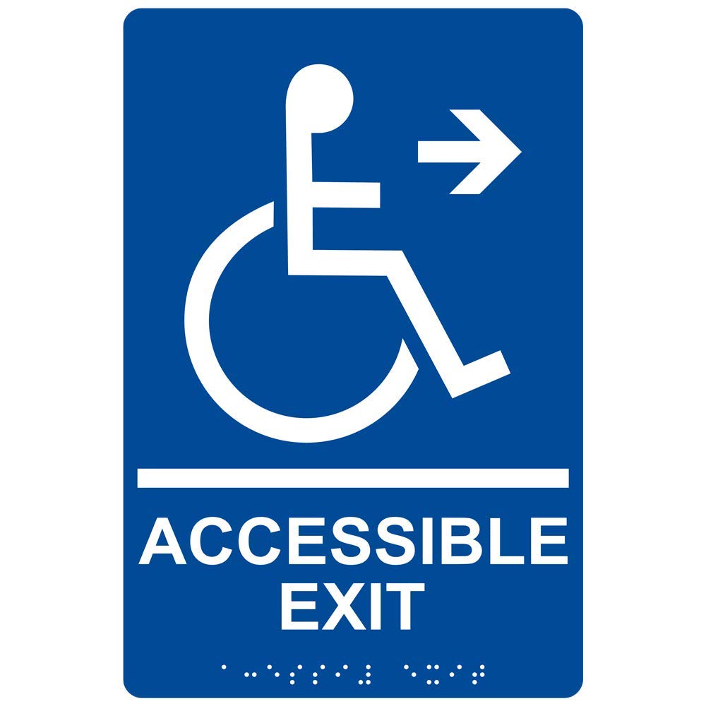 ComplianceSigns.com Accessible Exit Right Sign, ADA-Compliant Braille and Raised Letters, 9x6 in. White on Blue Acrylic with Adhesive Mounting Strips,