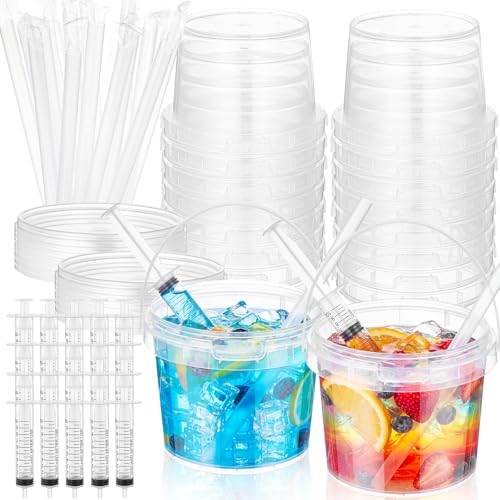 Willinglong 20 Set 16oz Clear Plastic Drink Buckets Rum Buckets for Drink with Straws, Lids and Beverage Syringes Reusable Iced Coffee Cups for Rum Wine Beer Cocktail Beverage Lemonades