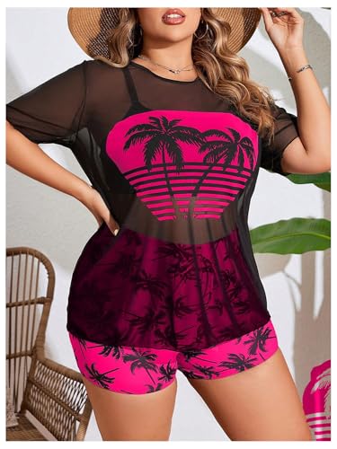 Women's Plus Size 3 Piece Swimsuits Tropical Tankini Shorts Set High Waisted Bathing Suit with Sheer T-Shirt Cover Up3