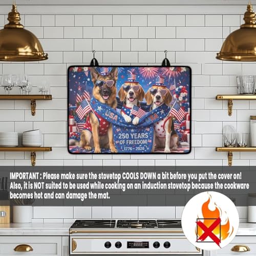 Image of Poceacles 4th of July Stove Top Cover Glass Stove Top Cover United States 250th Party Decor Cooktop Protector Stovetop Mats for Kitchen Decor, Dog USA Flag 250 Years 1776-2026 Print