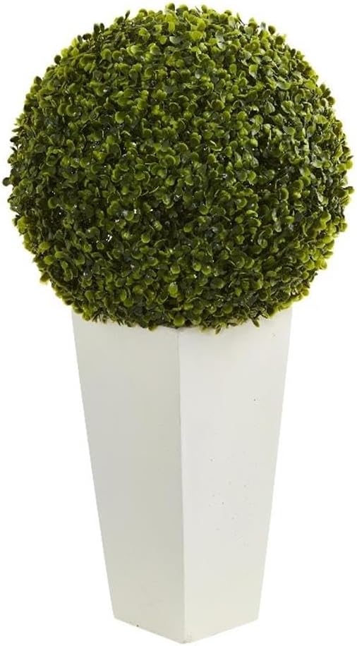 Nearly Natural 28in. Boxwood Topiary Ball Artificial Plant in White Tower Planter (Indoor/Outdoor)