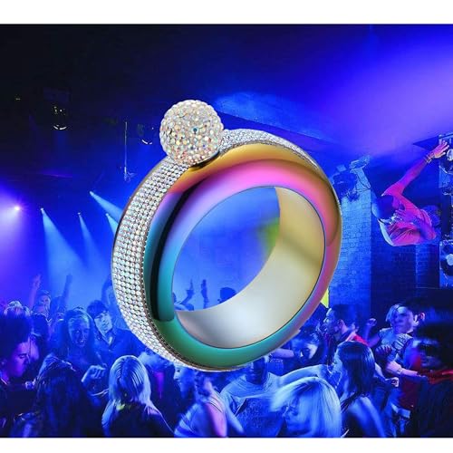 Image of Flask Bracelet Bangle Flask Creative Stainless 304 Steeland Hip Flask Funnel Set For Women 3.5 oz (Rainbow Rhinestones Lid)