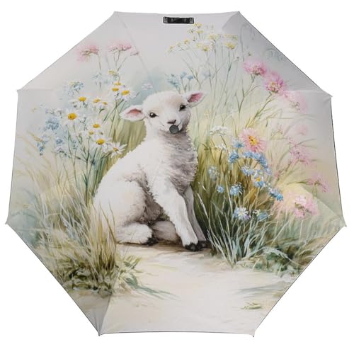 Parapluie pliant agneau aquarelle et fleurs sauvages pour pluie et soleil