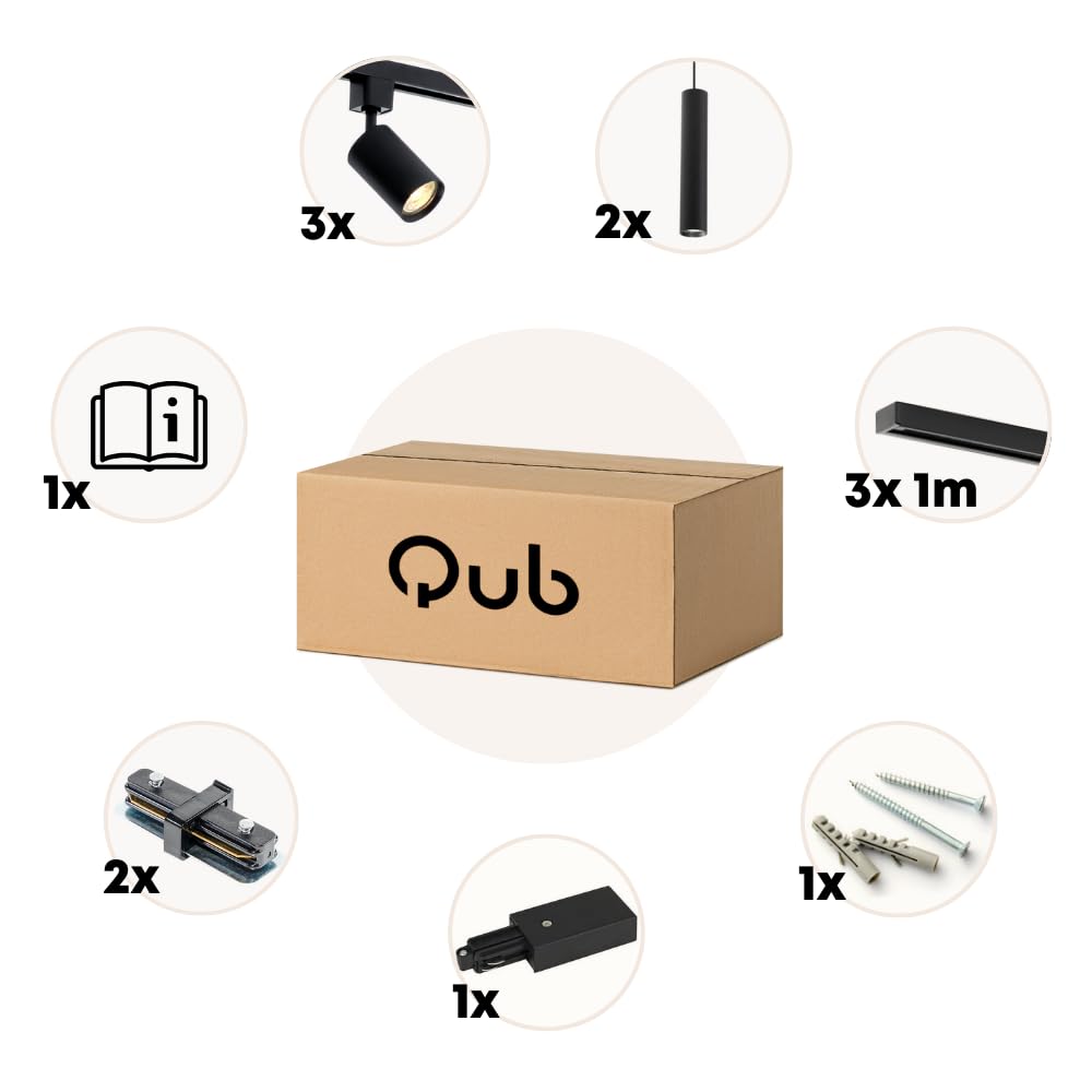 Qub Focus III 1-Phasen Led Schienensystem Komplettset - 300cm - Set 3 Spots und 2 Pendelleuchten - 3x 1m Licht Schienensystem - I-Form - GU10 & LED-Kompatibel - Erweiterbar & flexibel - Schwarz
