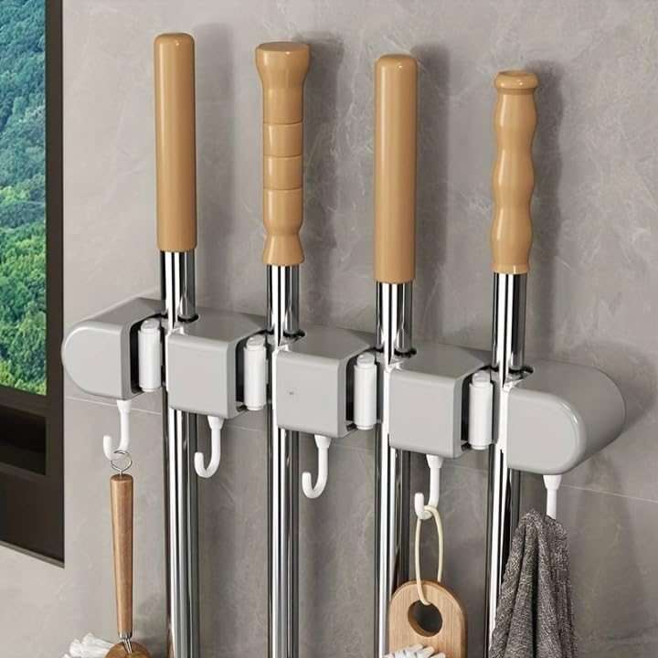 SNEPCOM Holder Wall Mounted, mop Holder for Wall, Broom Stick Holder Wall Mounted Stand, Storage Broomstick Brush Mount Organizer with Hanger Hooks (5 Slot 6 Hooks)- Grey-image-42