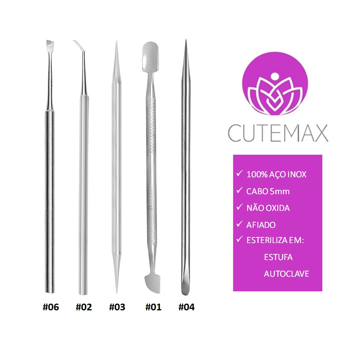 Kit Manicure Profissional 5 Itens Espátulas Palitos Aço Inox