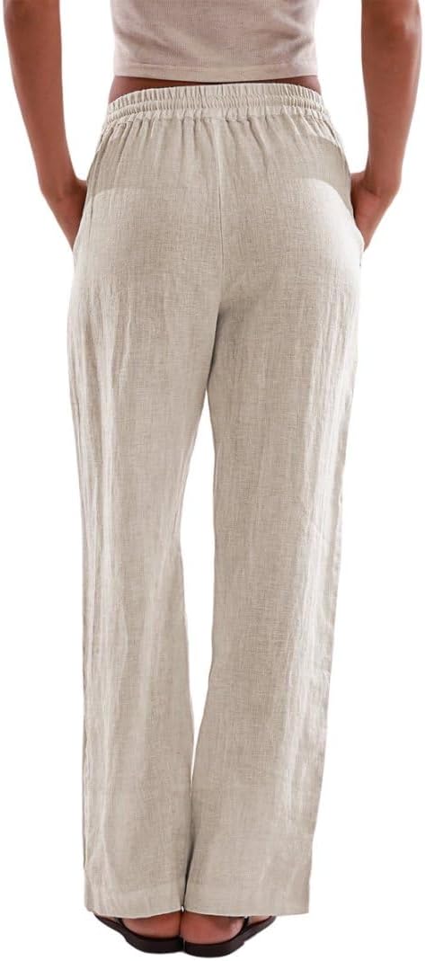 Amazhiyu Womens 100% Linen Wide Leg Elastic Lounge Pants Side Slit with Pockets - Image 3