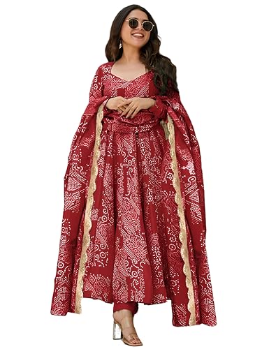 Image of Pinkmint Women's Bandhani Print Flared Anarkali Muslin Kurta Set with Pant & Stylish Dupatta Ethnic Long Sleeve Dress Suit Set