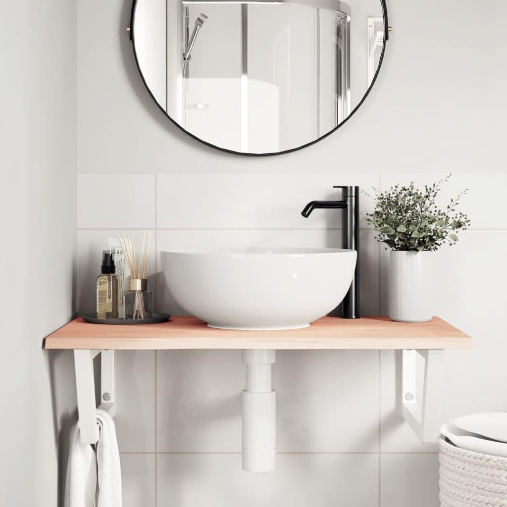 80 x 50 x 2 cm Vanity Countertop, Solid Oak Wood Bathroom Bathroom Sink Shelf with White Steel Trapezoid Brackets, Space Saving Wall-Mounted Design, 100kg Load Capacity for Small Bathrooms