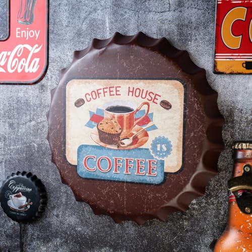 Image of EAZYWAGON Decorative Metal Bottle Caps Wall Sign Plates - 14X14 Inches - coffhous | Metal Wall Hanging Bottle Cap for Home, Farmhouse, Bar & Cafe Decoration | Vintage & Retro Look Plaques