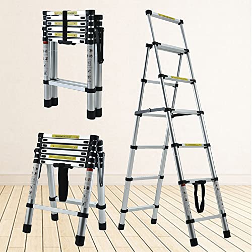 Aluminum Telescopic Folding Ladder 5.5FT Portable Multi-Purpose Folding Ladder 5+6 Heavy Duty Step Ladder EN131 Safe Standard 330lb Max Load Easy to Transport and Storage for Household Daily or Hobby