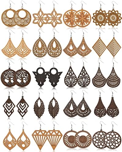 BOMAIL 20Pairs African Wooden Earrings for Women Round Wood Painted Earring Drop Earring Ethnic Style