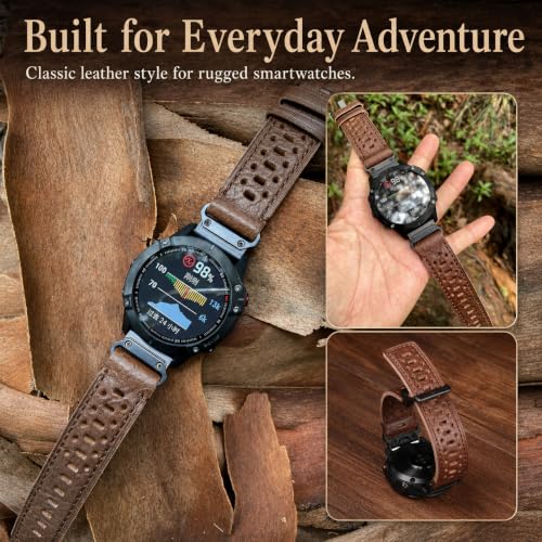 HEMSUT Perforated Leather Watch Band Compatible with Garmin, Top Grain Leather Replacement Strap Compatible with Fenix 8/7/6X/5X, Forerunner 945/935, MARQ & Tactix Series (Multiple Sizes) by hemsut h - Used condition - Image 2