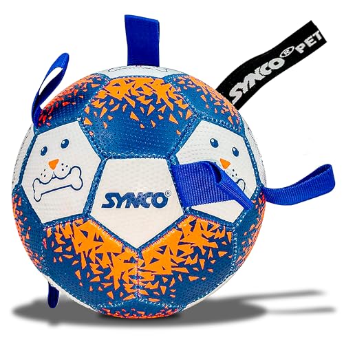 Synco Dog Football Graphic Blue with Blue Holding Loops, Durable Rubber Dog Ball Toy for Tug, Fetch & Training, Interactive Pet Play Ball for Small & Medium Dogs, Size 3