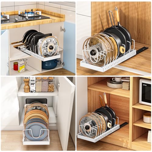 Pots and Pans Organizer Under Cabinet, 2 Pack Pull Out Cabinet Organizers for Kitchen, Pan Organizers Inside Cabinet and Storage with 8 Adjustable Dividers - Thumbnail 6