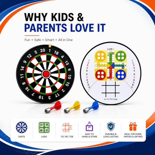 Image of 3-in-1 Magnetic Dart Board with Darts | One Side Dart Game, Other Side Ludo & Tic Tac Toe | Double-Sided Indoor Game Board for Kids & Adults | Safe Magnetic Darts for Home & Gifting