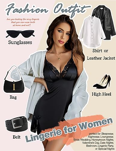 ADOME Lingerie for Women Lace Chemise Nightgown Satin Babydoll Dress Silk Slip Nightwear S-XXL4