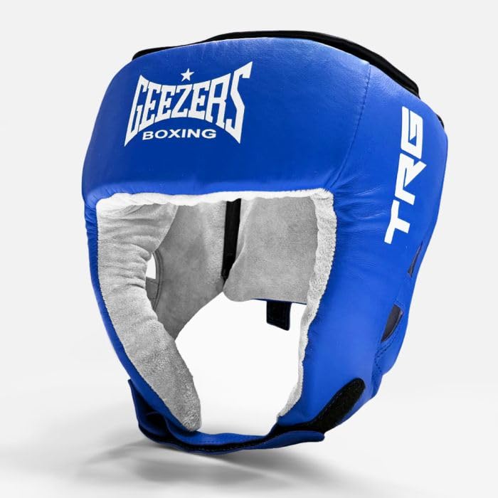 Geezers Boxing Leather TRG Training Headguard Open Face Head Guard for Boxing, MMA Sparring, PU Material Headgear .Ideal Headguard for Men and Women (Large, Blue)