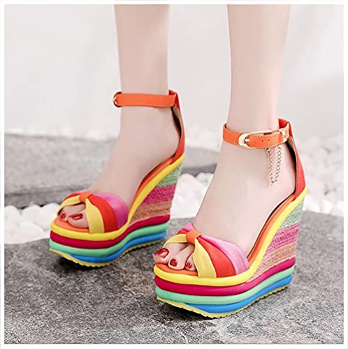 2021 New Sandalias Con Cuña Para Mujer,Sandalias de Plataforma Bohemia Sexy de Verano Con Plataforma de Peep Toe Arcoiris,Mode Boca de Pez de Paja,Zapatos de Mujer Romanos,33-43Orange-EUR 41/USA 10 Cover