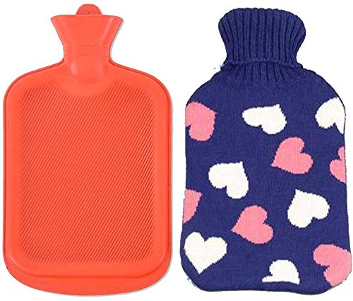 AQUAPAPA Large 1/2 Gallon Classic Non Toxic Natural Rubber Hot Water Bottle with Pink Hearts Blue Knit Cover, Back Pain Relief, Cold Feet Syndrome, 2 Liters