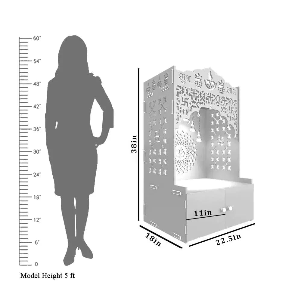 Tempio per la casa in legno con porta, mensola e luce LED integrata, in MDF, Pooja Mandir con cassetto per casa, ufficio, studio, fai da te da pavimento (45 x 57 x 96 cm) (design Om, bianco)