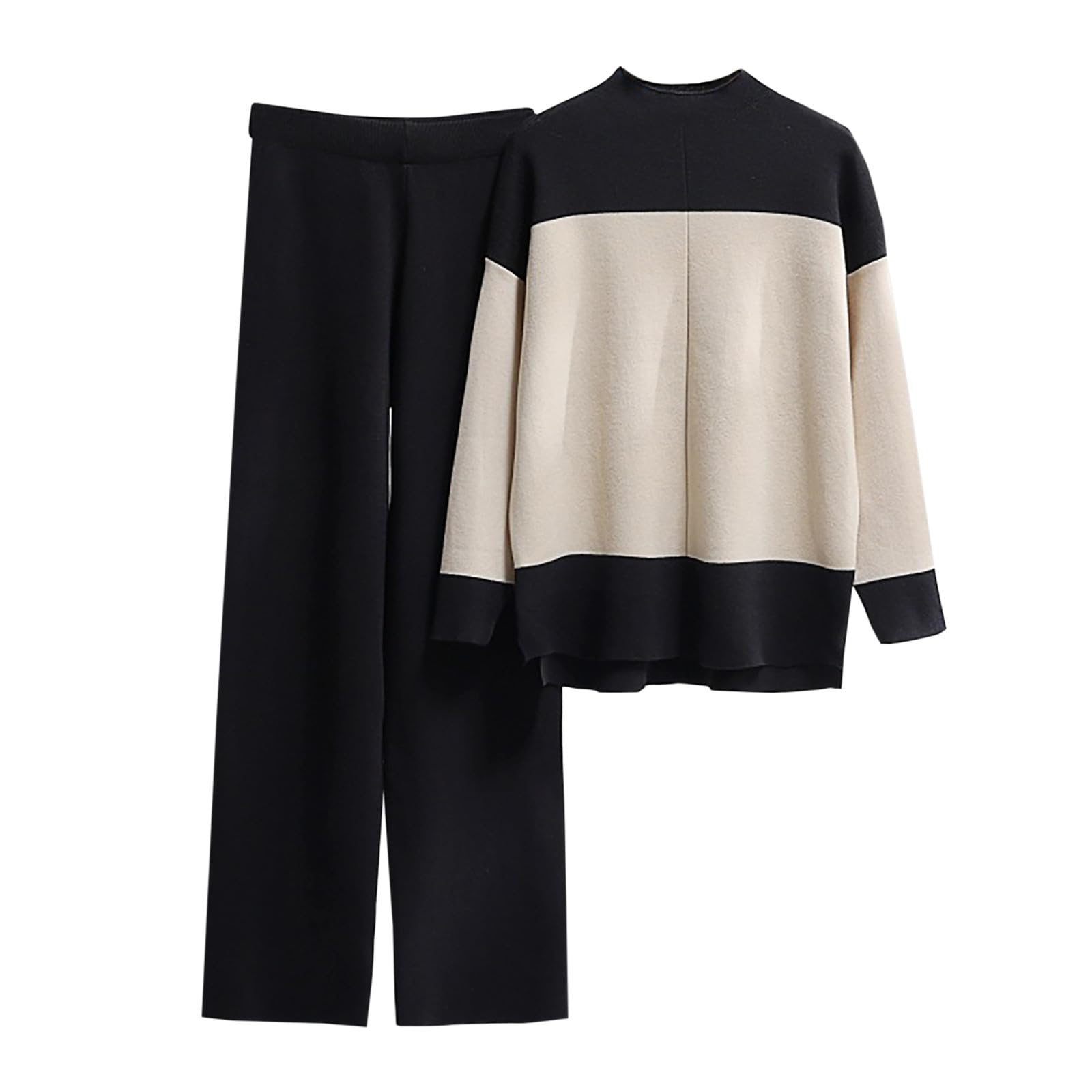 NUSGEAR Conjunto Dos Piezas Mujer Jersey de tejido punto y Pantalones otoño invierno Elegante Traje Cuello redondo Suéter Suelto Cómodo Casual Conjunto Pijama Casa Moda Color sólido 2024