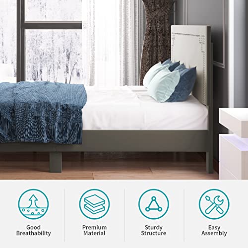 Balus Bed Frame, Platform Bed Frame With Rivet Flannel Headboard， Wood Platform, Solid Wood Foundation With Wood Slat Support/No Box Spring Needed/Easy Assembly(Light Grey) #TOP5