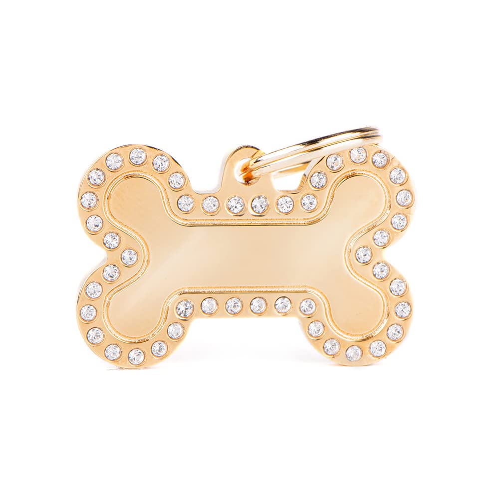 My Family Placa de Identificación personalizado para perro Made in Italy, Hueso Grande de Oro, Placa de identificación de Perro Grabada Gratis, Metal Esmaltado a Mano, Colección Glam, 38x24 mm