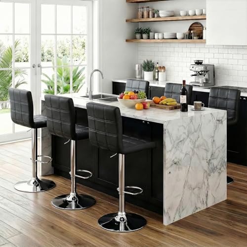 Image of ZENY Set of 4 Adjustable Swivel Barstools, Modern PU Leather Kitchen Counter Bar Stools, Square Back Bar Stool