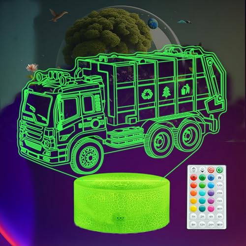 Image of Garbage Truck Night Light, Garbage Truck Car Gifts, Sanitation Truck 3D Illusion Lamp with 16 Colors Changing, Timer, 4 Flash Modes and Dimmable, Kids Boys Girls Room Decoration, Holiday Xmas Gifts