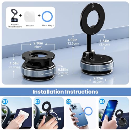 Image of Magnetic Mobile Phone Holder for Car with 360 Rotatable and Foldable Metal Cell Phone Holder, Strong Grip Vacuum Seal, Car Mount Compatible with iPhone & Android Phones