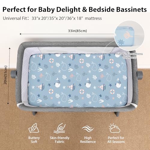 Image of Bassinet Sheets Boy 33 inchx20 inch Compatible with Baby Delight,Newton,Dream On Me,Angelbliss,Maxi Cosi,Airclub,Harppa,Ezebaby Bedside Rectangle Bassinet Mattress, Soft Stretchy Microfiber