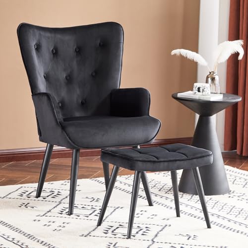 Furniliving Velvet Accent Chair with Ottoman, Upholstered Reading Chair with High Backrest...