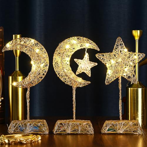 Baquler 3 Pcs LED Lighted Ramadan Moon and Star Ornament Gold Glittered Battery Operated Ramadan Decoration Table Decor for Indoor Home Bedroom Tabletop Centerpiece Holiday Party