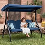 HUGCOZ Patio Swing with Adjustable Canopy 3-Seat Outdoor Porch Swing with Stand for Adults 2-in-1 Convertible Swing Bed Chair with Cushions & Cup Holder for Garden Yard Balcony Deck