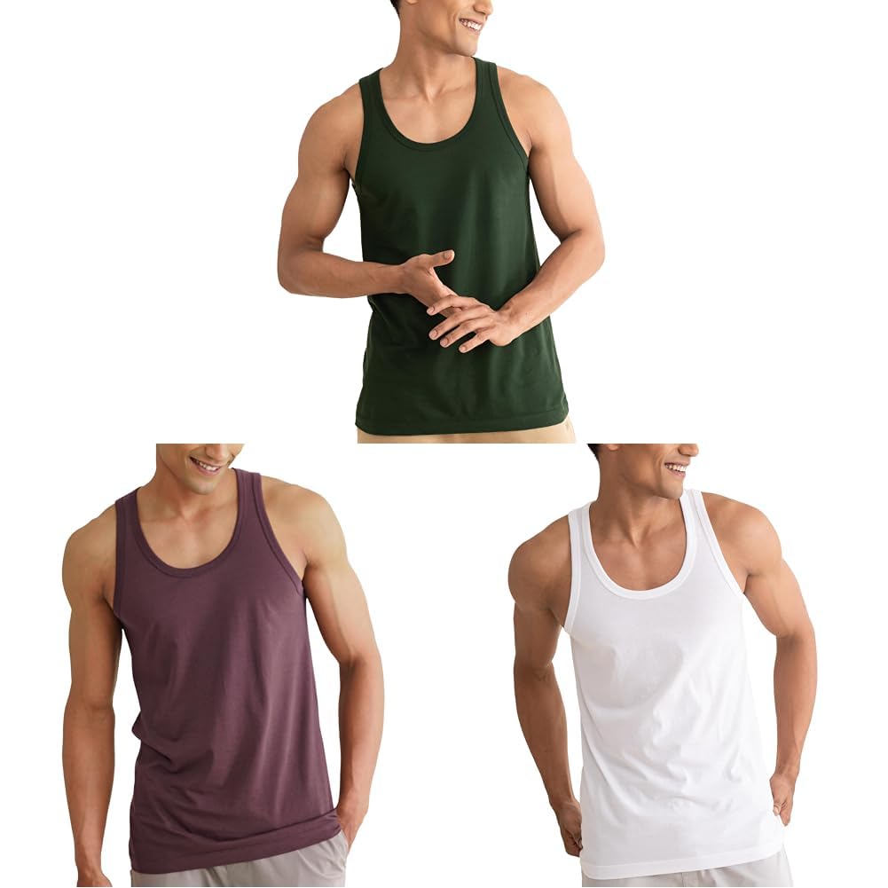 damensch Men's Neo-Cotton Antibacterial Regular Fit Vests in Garden Green, Mineral Maroon, and Cotton White (Pack of 1, Medium).-picture-13