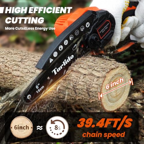 Tarlido Mini Chainsaw Cordless, 6 Inch Brushless Battery Powered Electric Chainsaw, 21V Handheld Small Pruning chain saw for wood cutting with 2 Batteries and 2 chains for Tree Trimming (Orange)