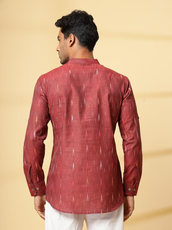 Image of Vastraa Fusion Men's Handloom Weaving Pure Cotton Short Kurta, Round Collar, Full Sleeves,Button Kurta, Ethnic Wear